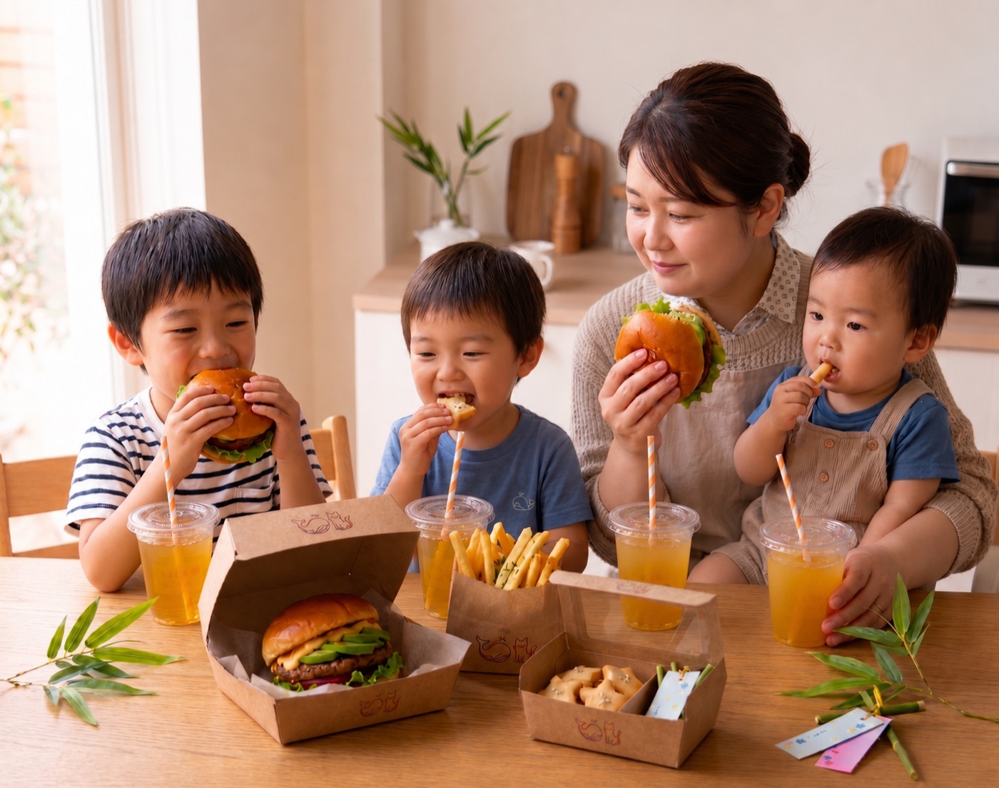 おうちでバーガーを楽しむお母さんと姉弟